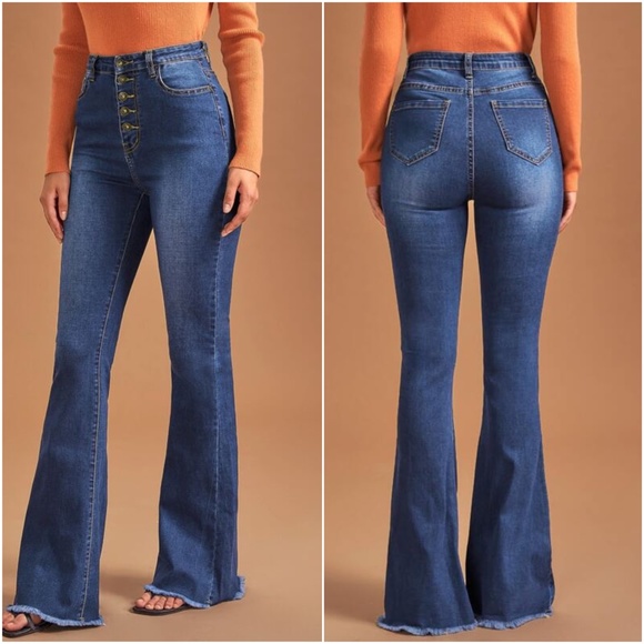 Dark Wash High waist Button Fly denim Bell Bottom jeans - Picture 2 of 2